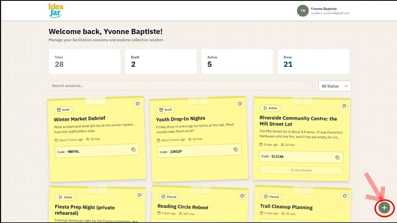 Play the IdeaJar video: the ideajar dashboard with the new session button circled