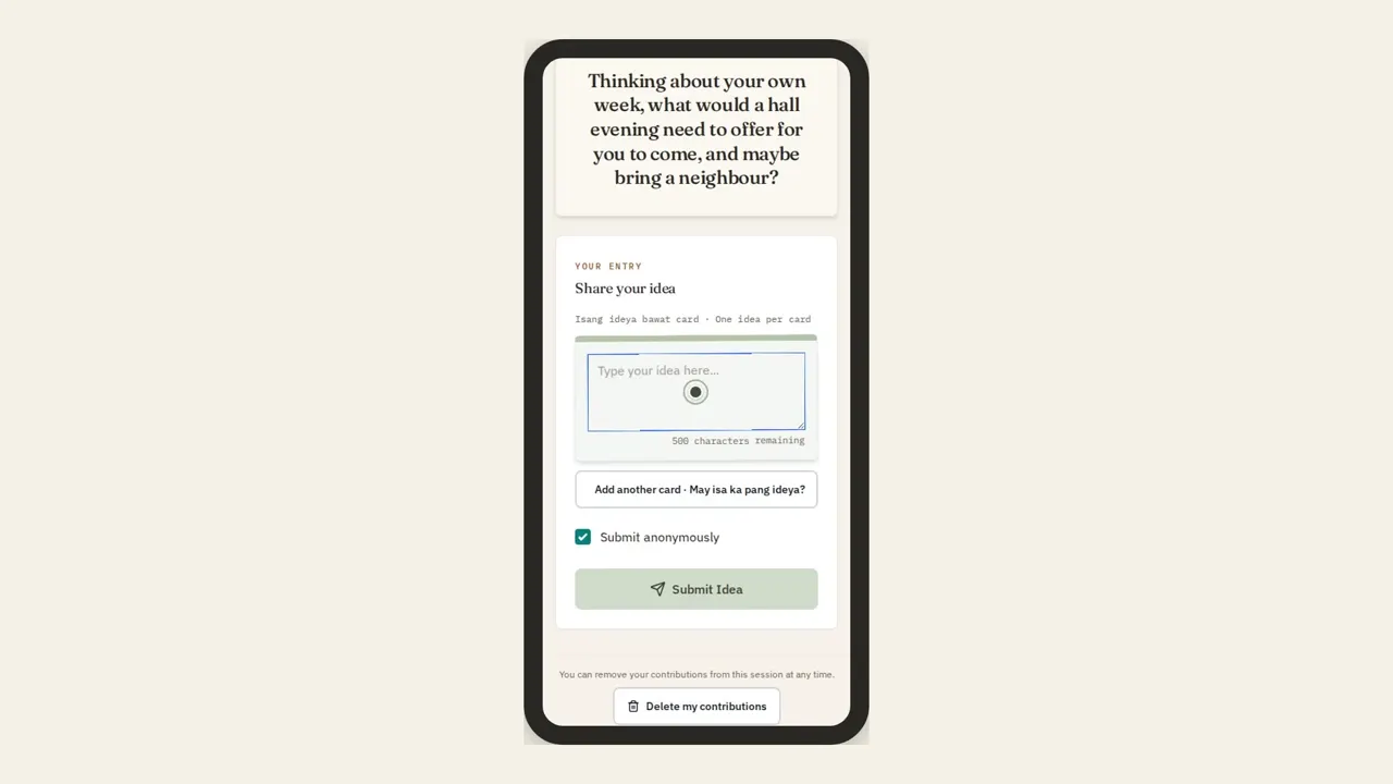 Play the IdeaJar video: a phone showing the session question and the one-idea-per-card composer