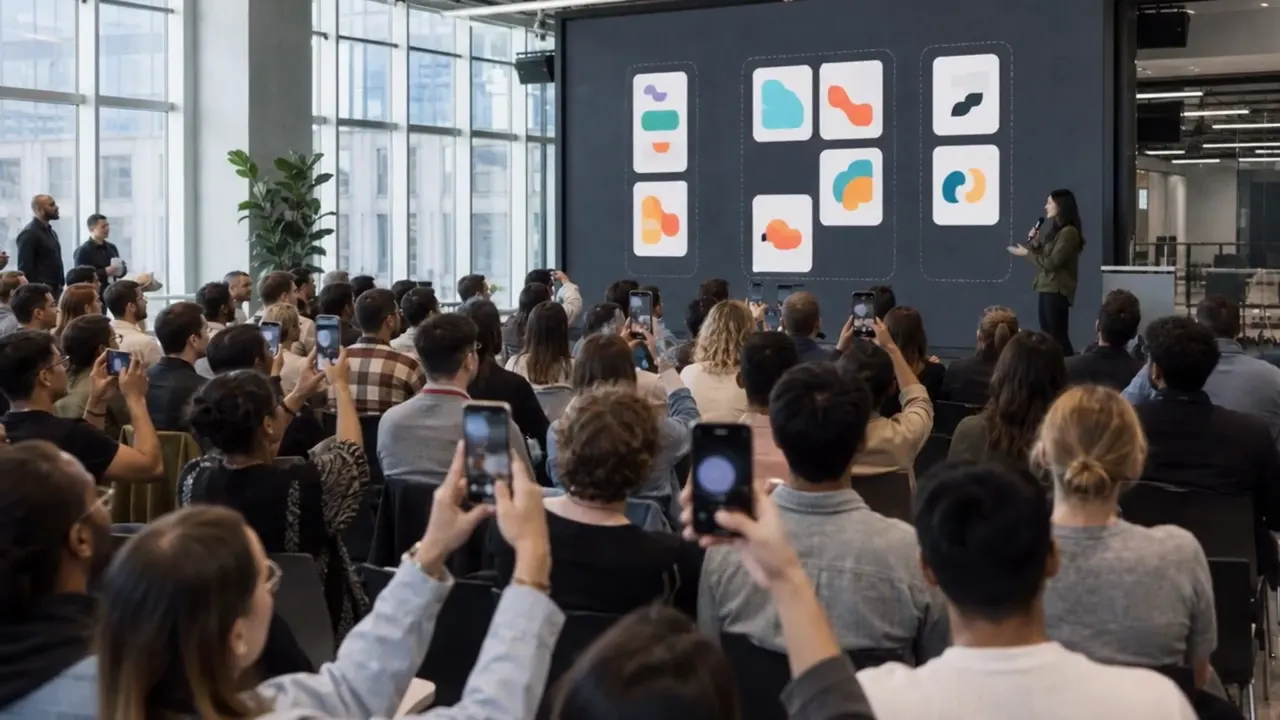 Play the IdeaJar video: a room of people answering on their phones during a townhall